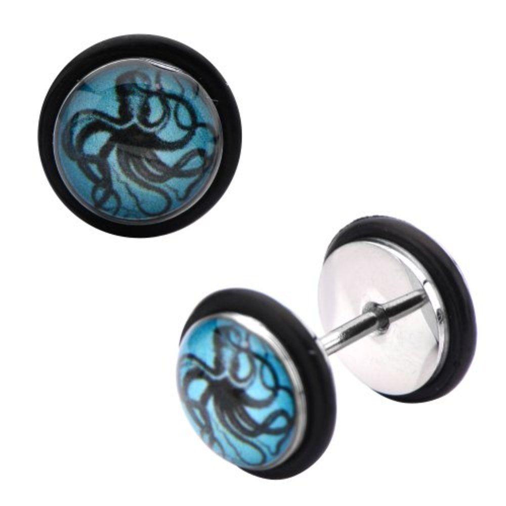 Earrings Rings 18g Steel Faux Plug with Nautical Octopus Logo Fronts. Pair
