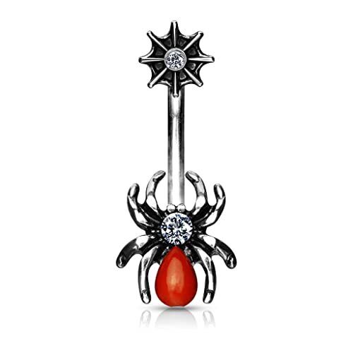 Belly Button Ring Red Spider and Web with CZ 316L Surgical Steel Navel
