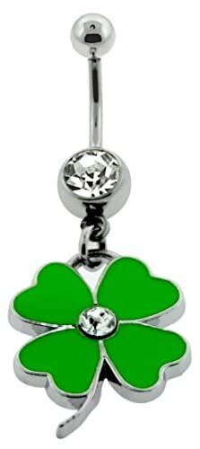 Belly Button Ring 14g/1.6mm 8mm press fit gem 4 leaf clover shamrock