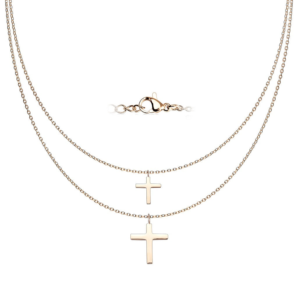 Graduated Cross Pendants Stainless Steel Double Chain Necklace Age 13+