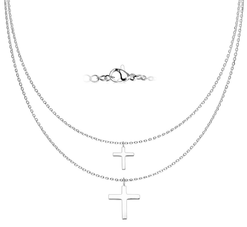 Graduated Stainless Steel Double Chain Cross Pendants Necklace Age 13+