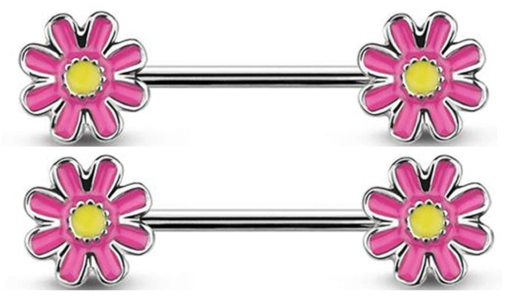 Nipple Ring Flower painted daisy Barbell Sold as a pair