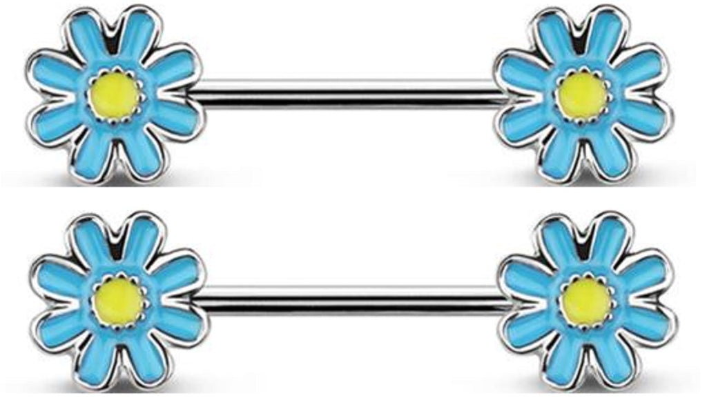 Nipple Ring painted daisy flower Barbell Sold as a pair