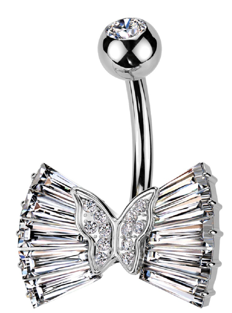 Belly Button Ring CZ Ribbon Butterfly Center Belly Button Navel