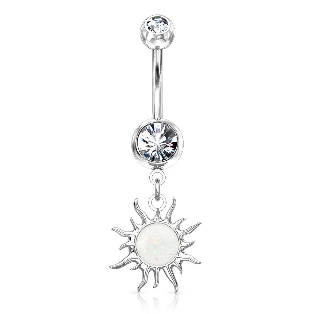 Belly Button Ring CZ Tribal Sun with Opal Glitter Center Navel