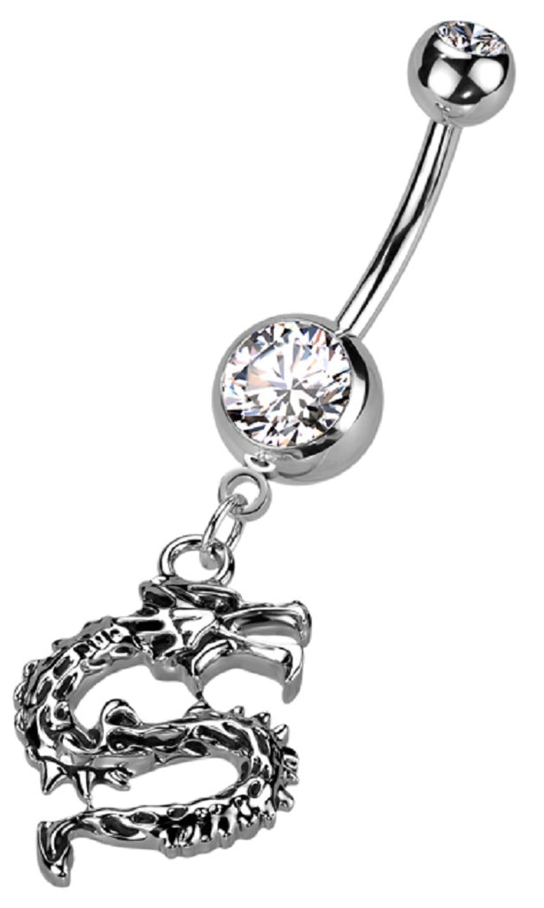 Belly Button Ring Double Jeweled Dragon Dangle Navel
