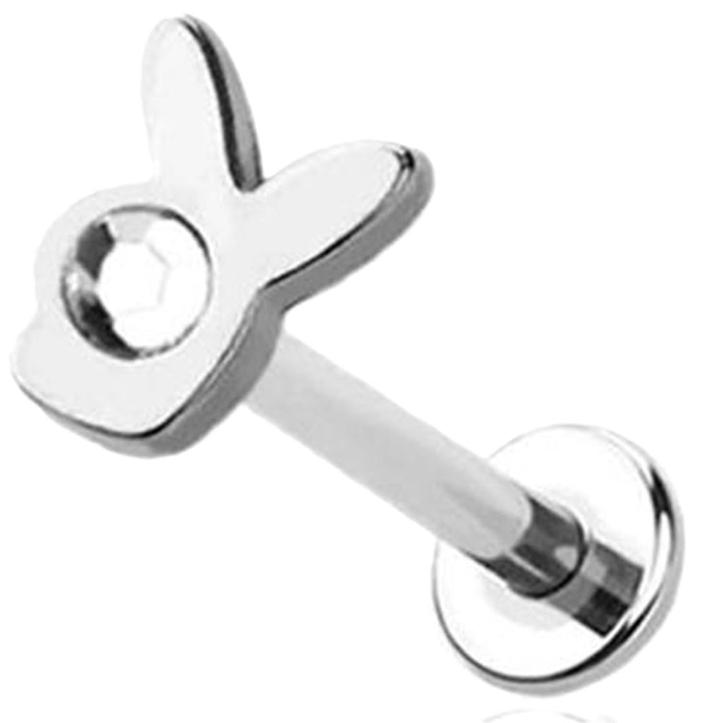 Body Accentz 316L Surgical Steel Labret Monroe Piercing, Bunny Shape with Gem, 16GA 5/16 Inch, Silver