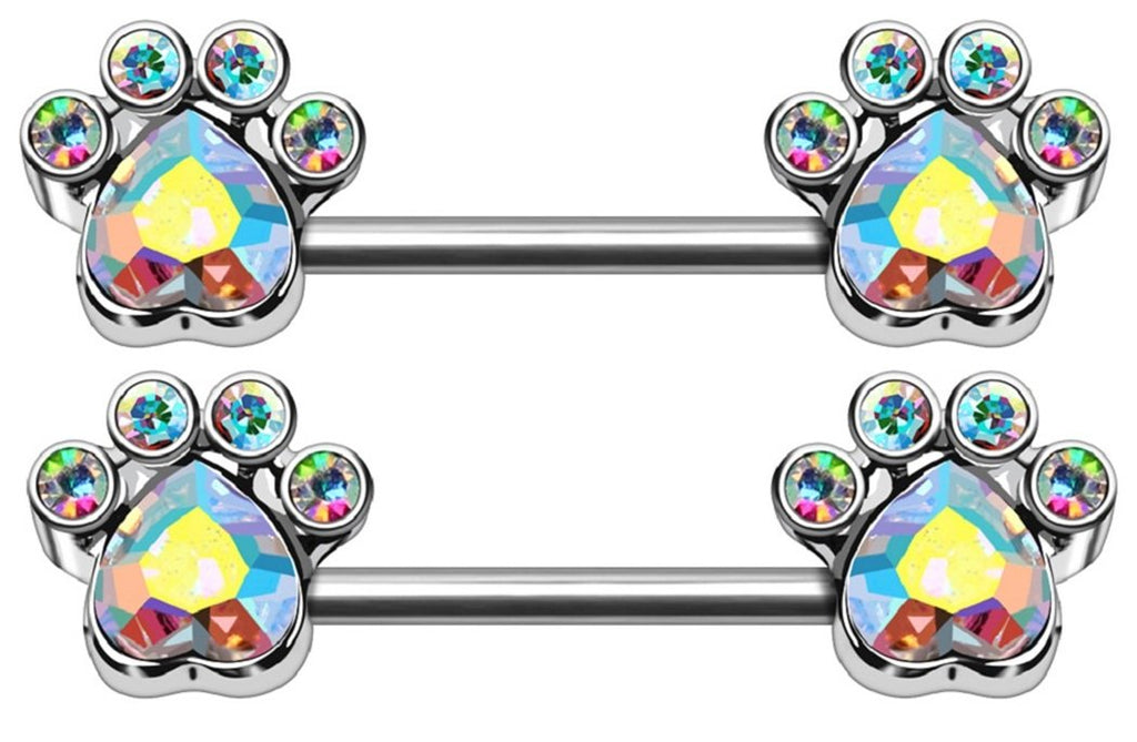 Nipple Ring Aurora Borealis CZ Dog/Cat Animal Paw Nipple Bar Pair