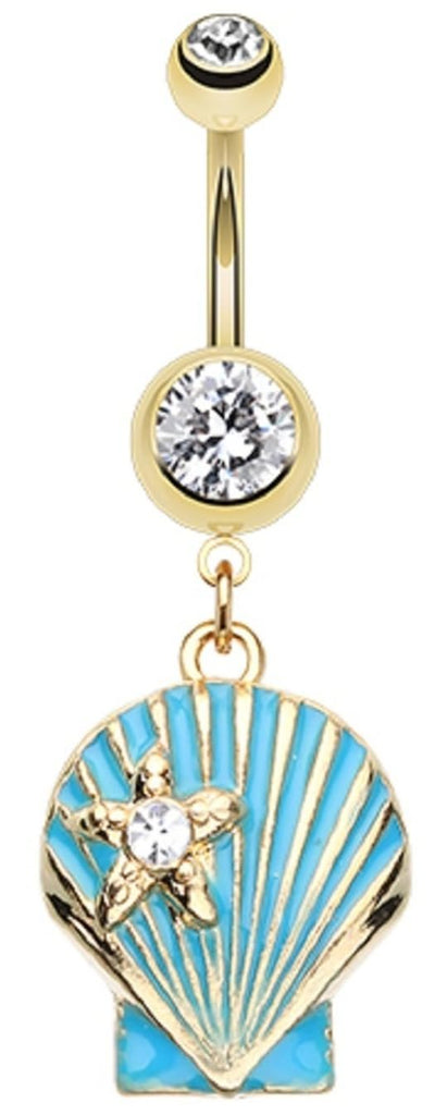 Body Accentz Shell Dangle Belly Button Ring, Gold Plated Steel, 14GA, 3/8 inch Bar, Aqua Blue