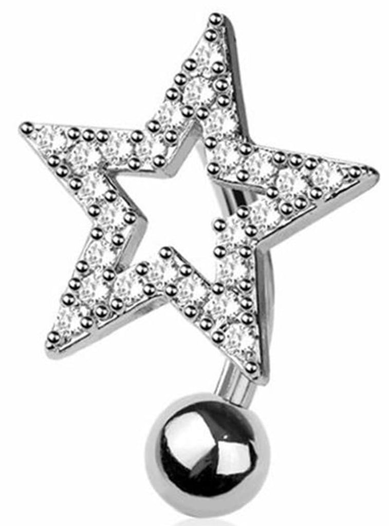 Body Accentz Crystal Star Reverse Belly Button Ring, 316L Surgical Steel, 14GA, 3/8 Inch Length, Clear