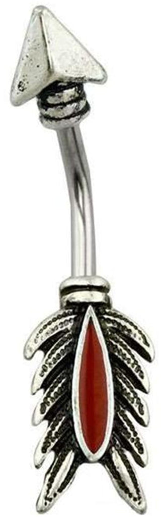Surgical Steel Feather Arrow Belly Button Ring, 14G, 3/8 Inch, Antique Silver with Red Accent