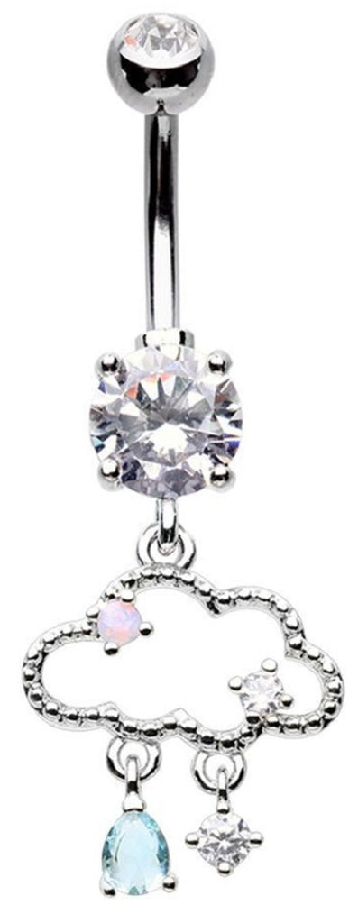 Belly Button Ring Only Happy When It Rains Cubic Zirconia Storm Cloud Raindrops