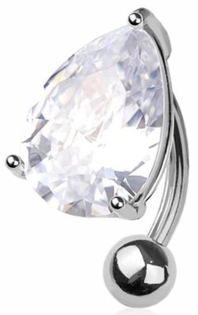 Body Accentz 316L Surgical Steel Reverse Belly Button Ring, 14G, Clear Crystal Teardrop, 3/8 Inch Length