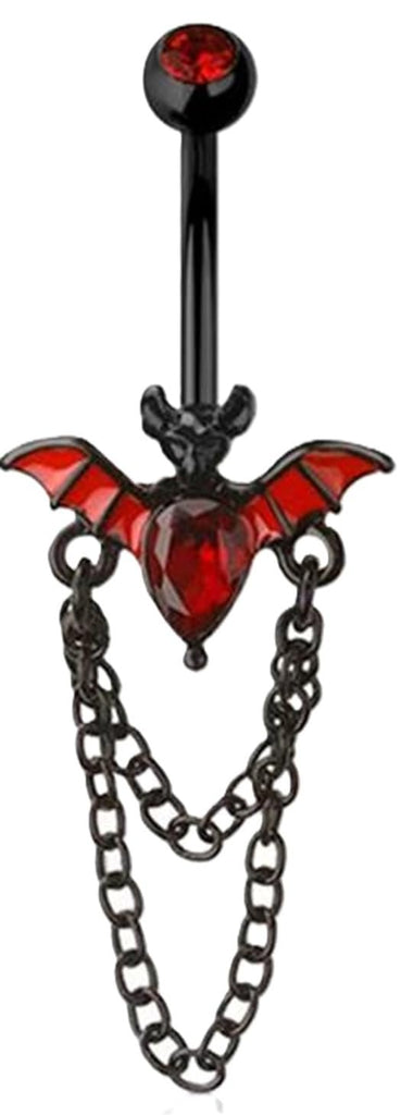 Body Accentz Gothic Bat Belly Button Ring, 14G Surgical Steel, Black and Red Crystal Dangle, 3/8 inch Length