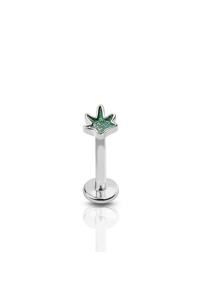 Body Accentz Labret INTERNALLY THREADED GLITTER MARIJUANA POT LEAF TOP 316L SURGICAL STEEL LABRET