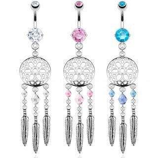 Body Accentz® 316L Surgical Steel Dream Catcher Web with Crystal Bead Based Feathers Fancy Navel Ring Body Jewelry Dangle 14 Gauge Belly Button Ring