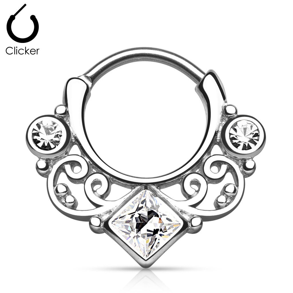 Lace Swirl Gem w/ Square CZ Center Septum Clicker 16g