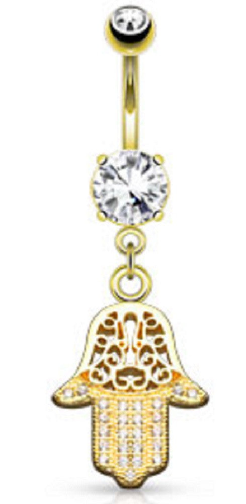 Belly Button Ring Hamsa with CZ and Gem Paved Dangle Navel Ring