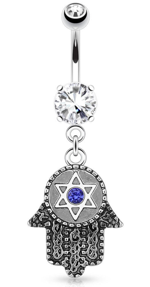Belly Button Ring Hamsa Hexagram Blue Gem Dangle 316L Surgical Steel Navel Ring
