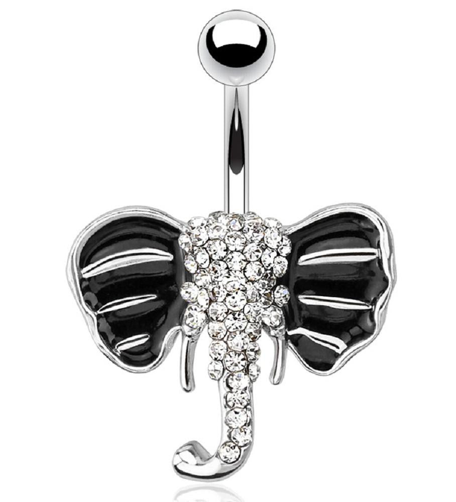 Belly Button Ring Elephant Paved Gems Black Ears 316L Surgical Steel Navel Ring
