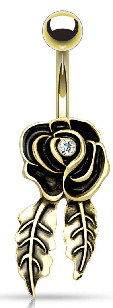 Belly button ring Gold IP Over Gemmed Rose with Leaflets Non-Dangle Navel Ring 14g 3/8