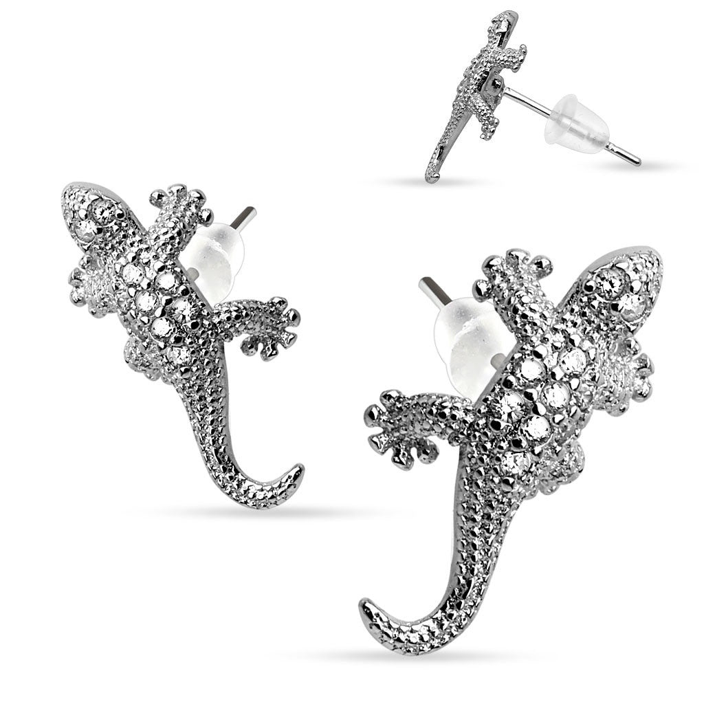 Pair of .925 Sterling Silver Multi Paved Gems Lizard Stud Earrings Post