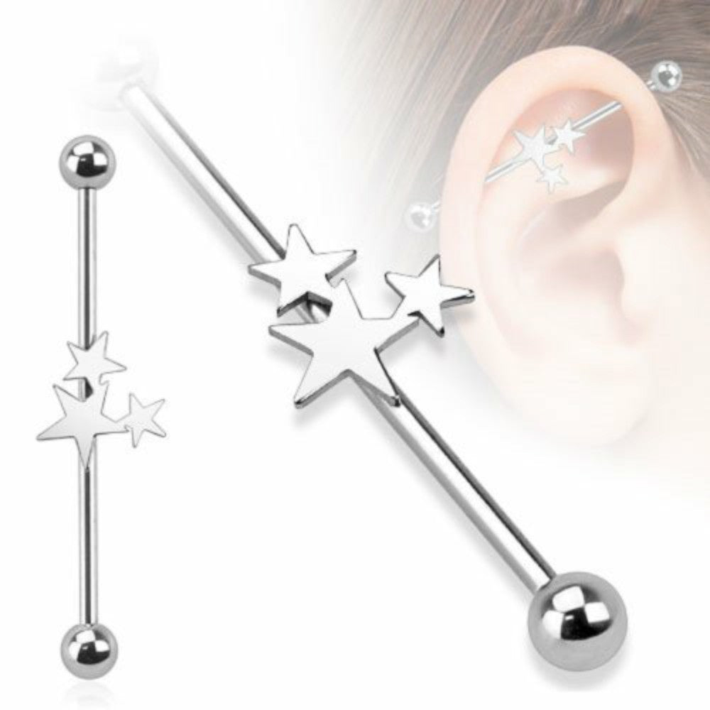 IndustriaL Bar 316L Surgical Steel Three Stars Industrial Barbell 14 gauge 1 ...