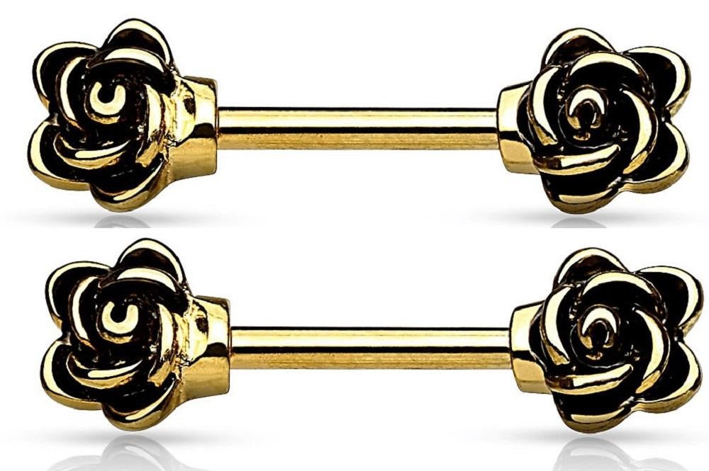 Body Accentz Nipple Ring Rose Flower Casted Flowers Gold IP 316L Surgical Steel Nipple Bar pair