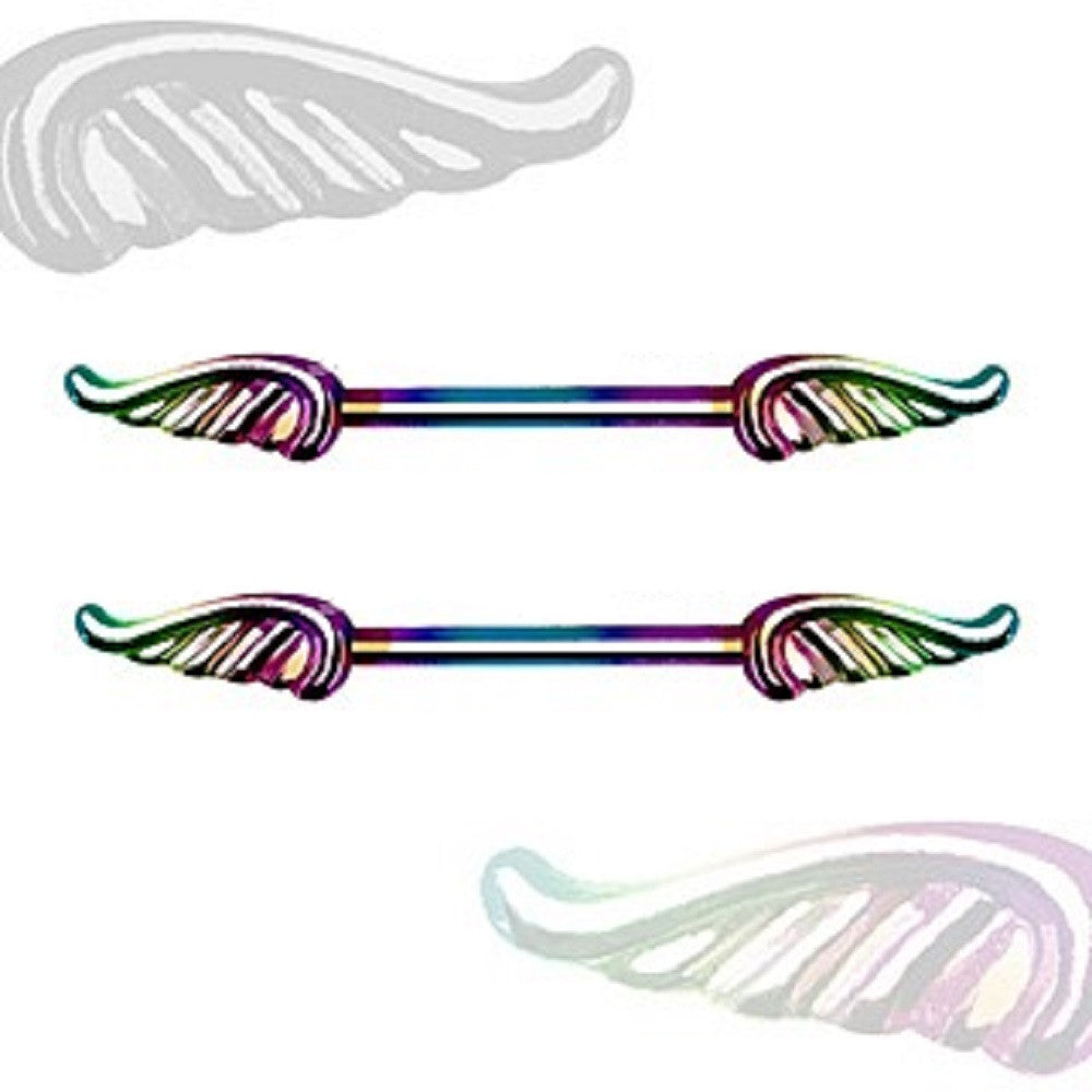 Nipple Rings Rainbow PVD Plated 316L Bar Wings Shield Pair