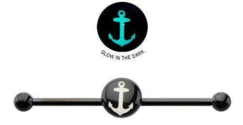 Industrial bar 316L Surgical 14g 1 3/8 8mm Glow In the Dark Anchor Logo Barbell