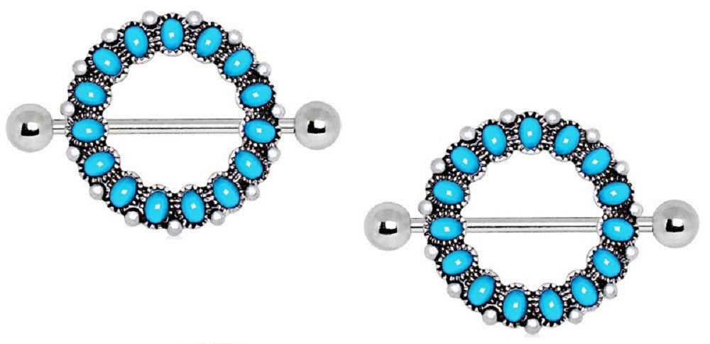 Nipple Rings Circle of love Antique Turquoise Nipple Shield Bar Pair