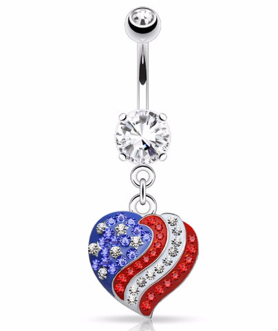 Belly Button Ring  Paved American Flag Heart Dangle