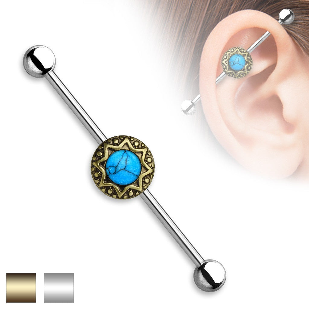 Industrial Barbell Turquoise Centered Round Tribal Starburst 1 1/2 14g