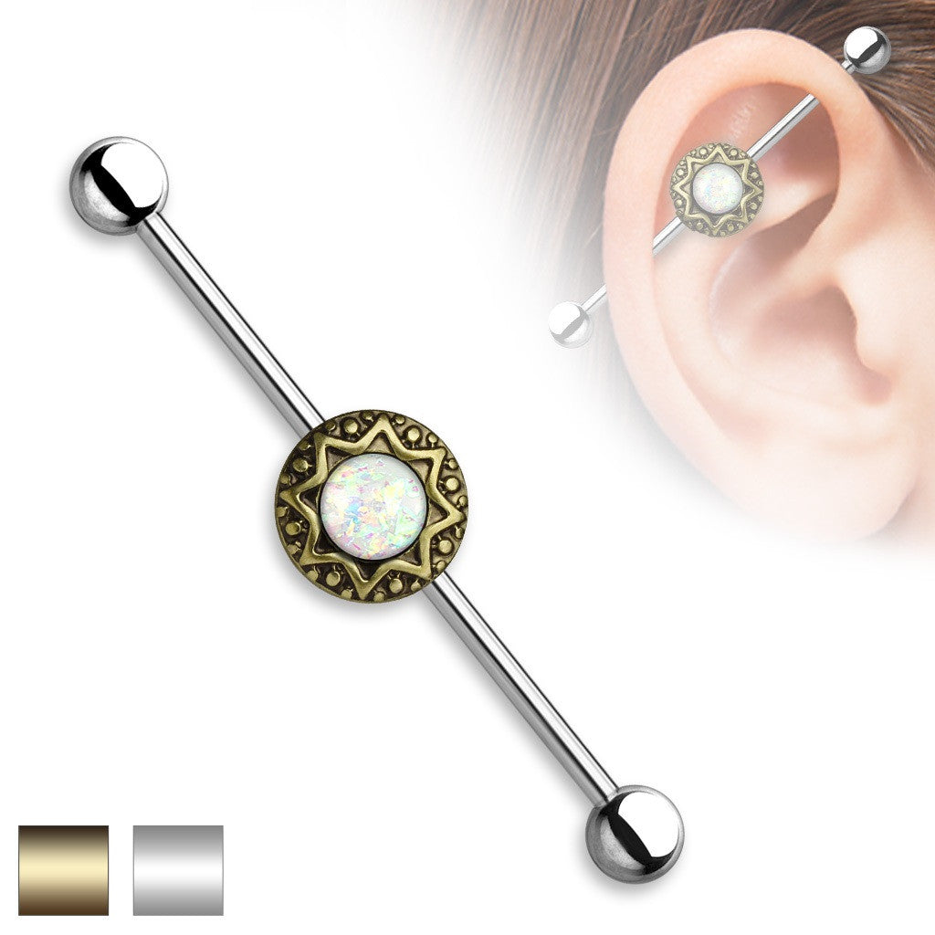 Industrial Barbell Opal Glitter Centered Round Tribal Starburst 1 1/2 14g