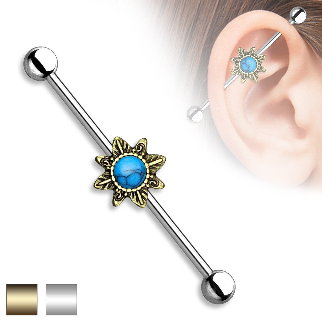 Industrial Barbell Turquoise Centered Tribal Sunburst 1 1/2 14g