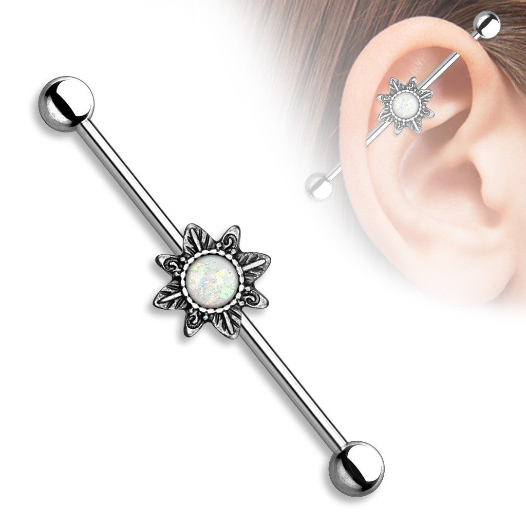 Industrial Barbell Opal Glitter Centered Round Tribal Sunburst 1 1/2 14g