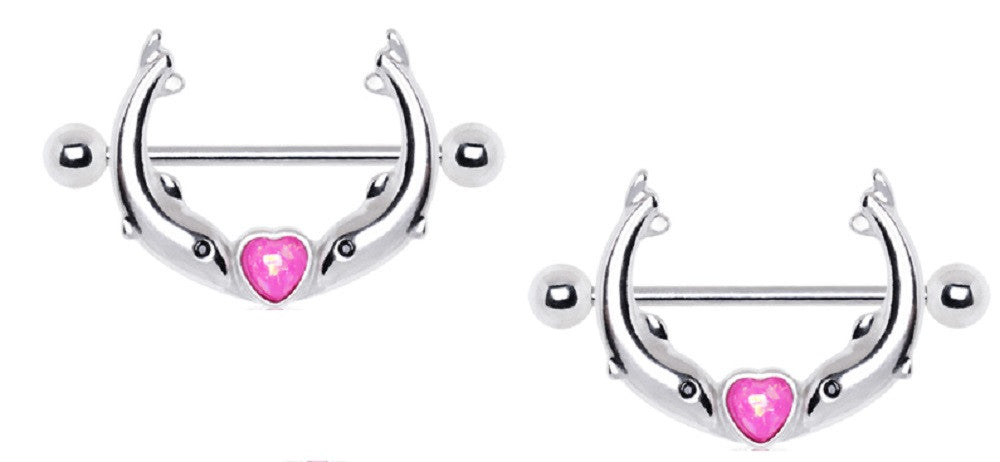 Nipple Ring Bar Shield Kissing Dolphins Heart Shaped Synthetic Opal Pair
