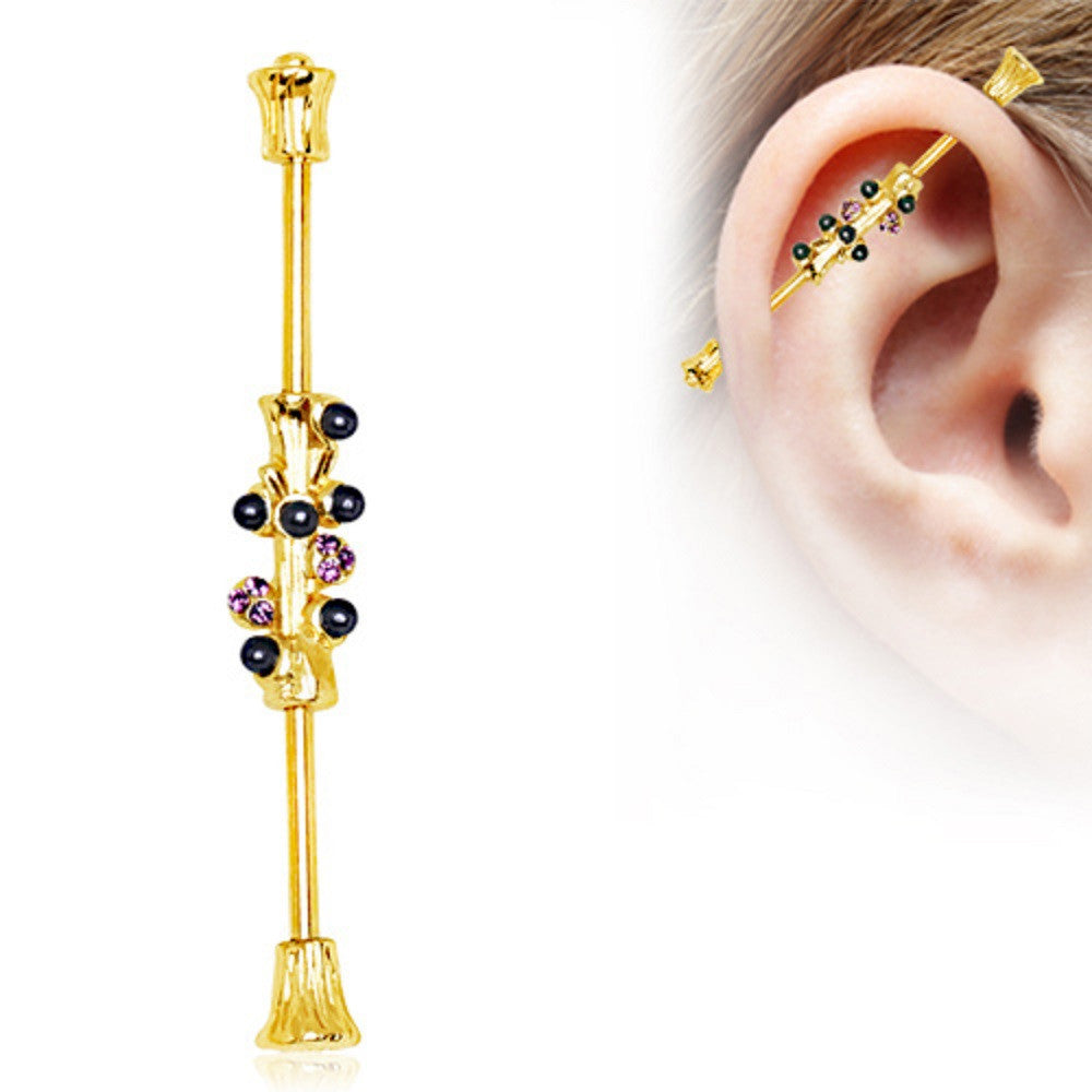 Industrial Barbell Gold Plated Whimsical Tree 1 1/2 14g