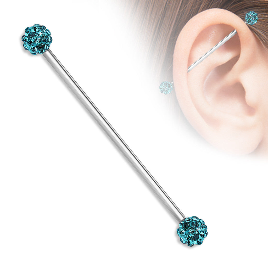 Industrial Barbell Crystal Paved Ferido Balls both sides 316L surgical Steel bar 1 1/2