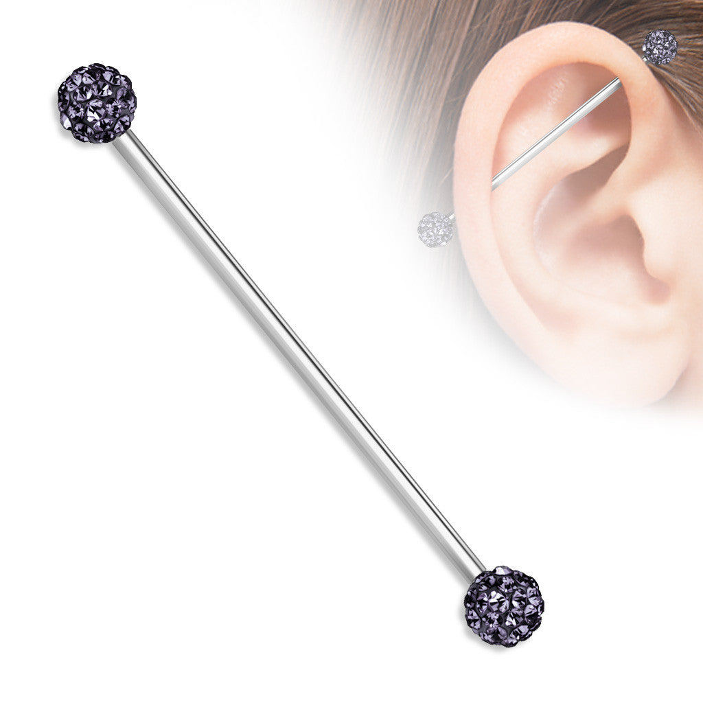 Industrial Barbell Crystal Paved Ferido Balls both sides 316L surgical Steel bar 1 1/2