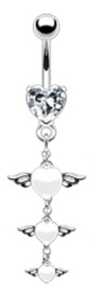 Belly Button Ring Triple Epoxy Angel Wing Heart Dangle 14 Gauge