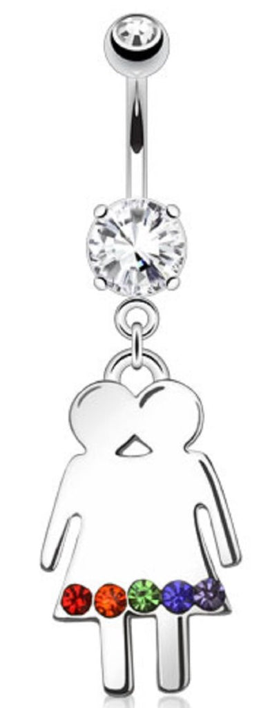 Belly Button Ring Two Females Gay Pride Rainbow CZs Dangle Navel Ring