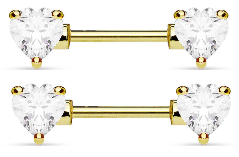 Nipple Shield Rings Heart CZ Prong set 316L Surgical Steel Nipple Bar pair 14g