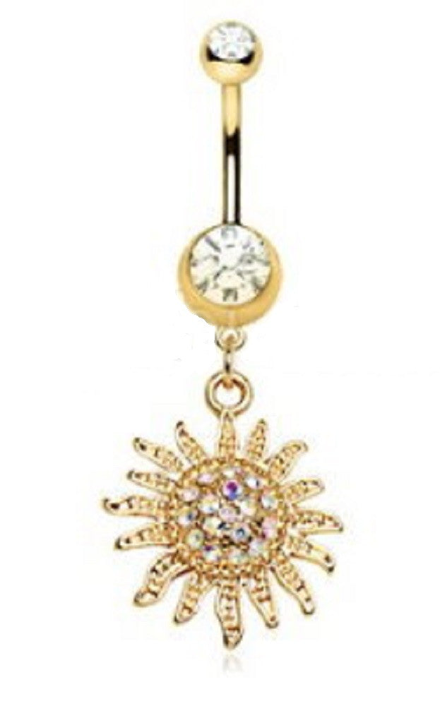 Belly Button Ring Surgical Steel Gold Plated Sunburst Dangle Navel Ring 14g 3/8'