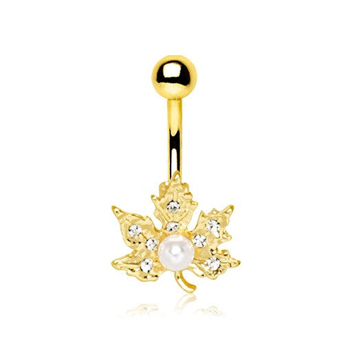 Belly Button Ring Surgical Steel Gold Plated Maple Leaf Navel Ring 14g 3/8'