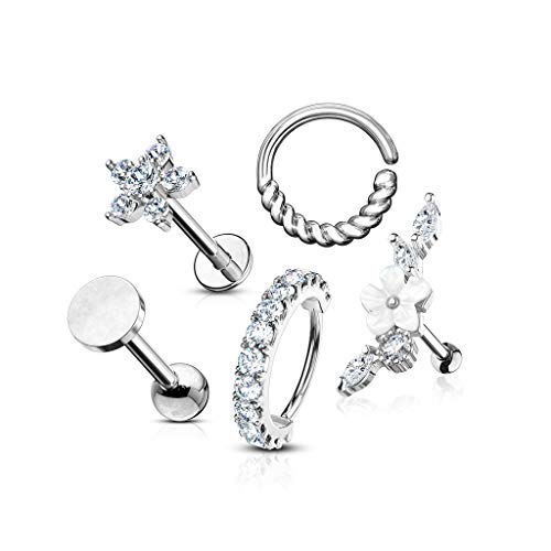 Body Accentz 5 Pcs Assorted Cartilage Barbell, Labret Stud 316L Surgical Steel Nose Septum Hoops Ear Cartilage lot