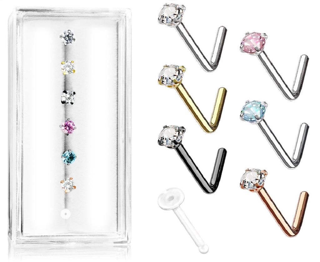 Body Accentz L Bend 316L Surgical Steel Nose L Bend Stud Rings Free retainer included 7PC