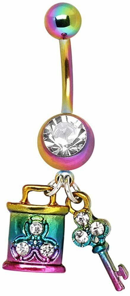 Clear Crystal Rainbow PVD Plated Lock & Key Belly Bar Navel Ring Surgical Steel