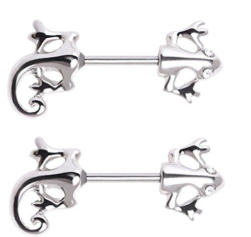 Body Accentz Nipple Ring Bar Shield Lizard Gecko Nipple Bar Gemmed Eyes Pair
