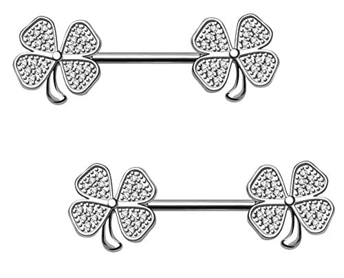 Body Accentz Nipple Ring 316L Stainless Steel Jeweled Glitzy Clover Leaf Nipple Bar